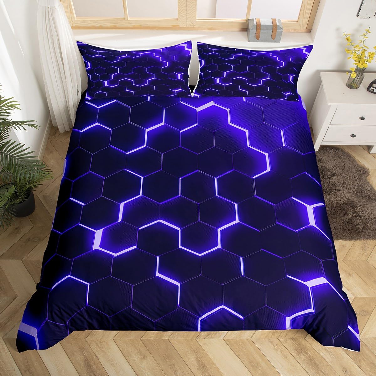 Homewish Kids Geometric Double Duvet Cover Set for Boys Navy Blue Black Honeycomb Bedding Set for Teen Young Man Reversible Black Duvet Cover