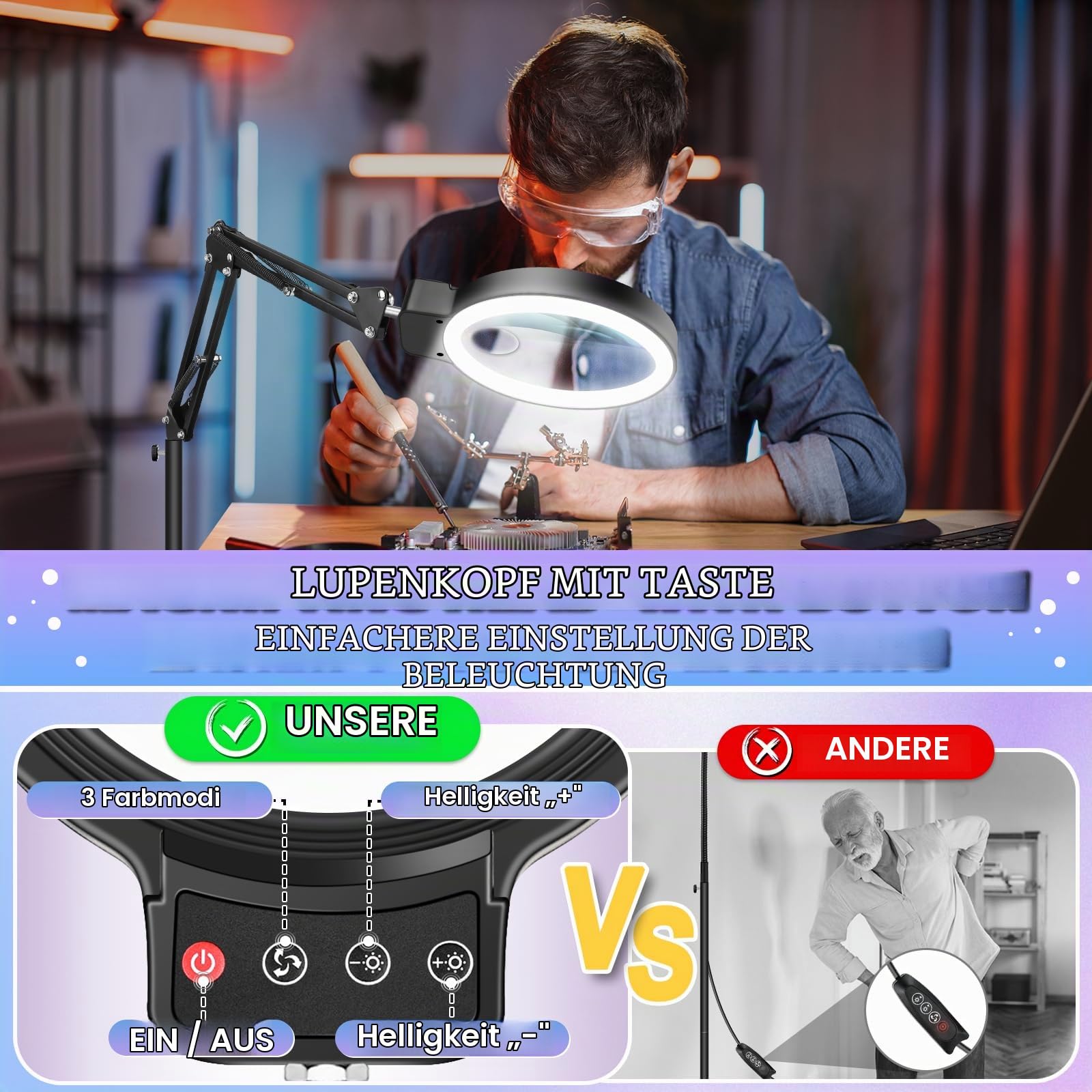 NZQXJXZ 10X Lupe mit Licht und Ständer, 2-in-1 Lupenlampe mit 72 Einstellbaren Helligkeits-LEDs, 3 Farbmodus Dimmbare Helligkeit Leselupe mit Licht für Senioren, Lesen, Nähen, Handwerk, Feinarbeit