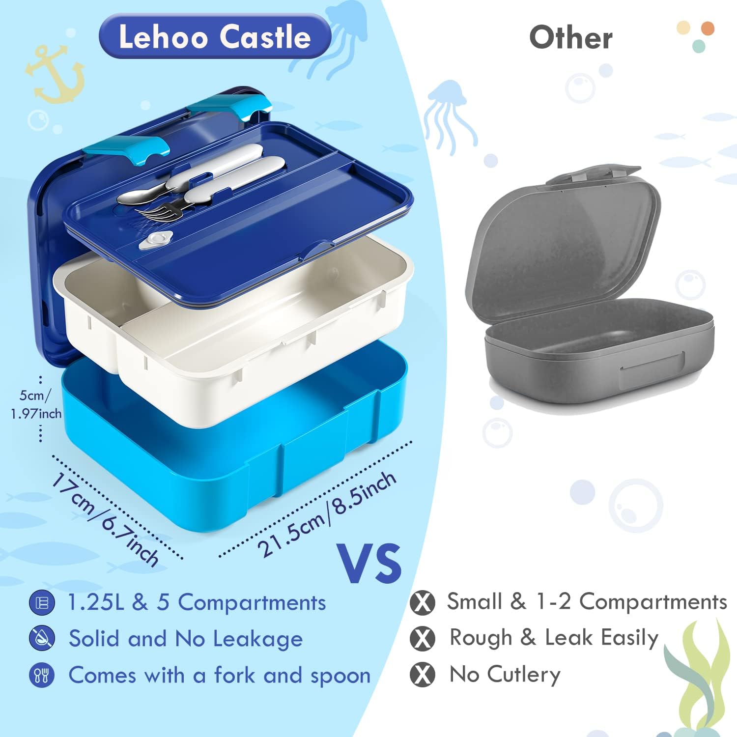 Lehoo Castle Bento Lunch Box for Kids 1250ml Lunchbox with 5 Compartments, Boys Girls Lunch Containers with Spoon&Fork - Image 4