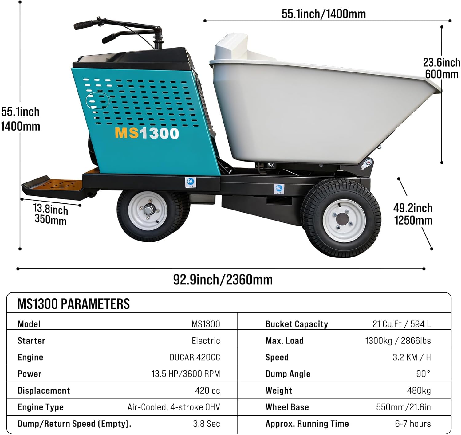 MMS 2866Lbs Capacity Power Wheelbarrow 21 Cu.Ft Bucket, 420cc 13.5HP E-Start Power Buggy, Hydraulic Material Dumper Cart Buggy for Concrete, Garden, Farm, Landscaping, Construction