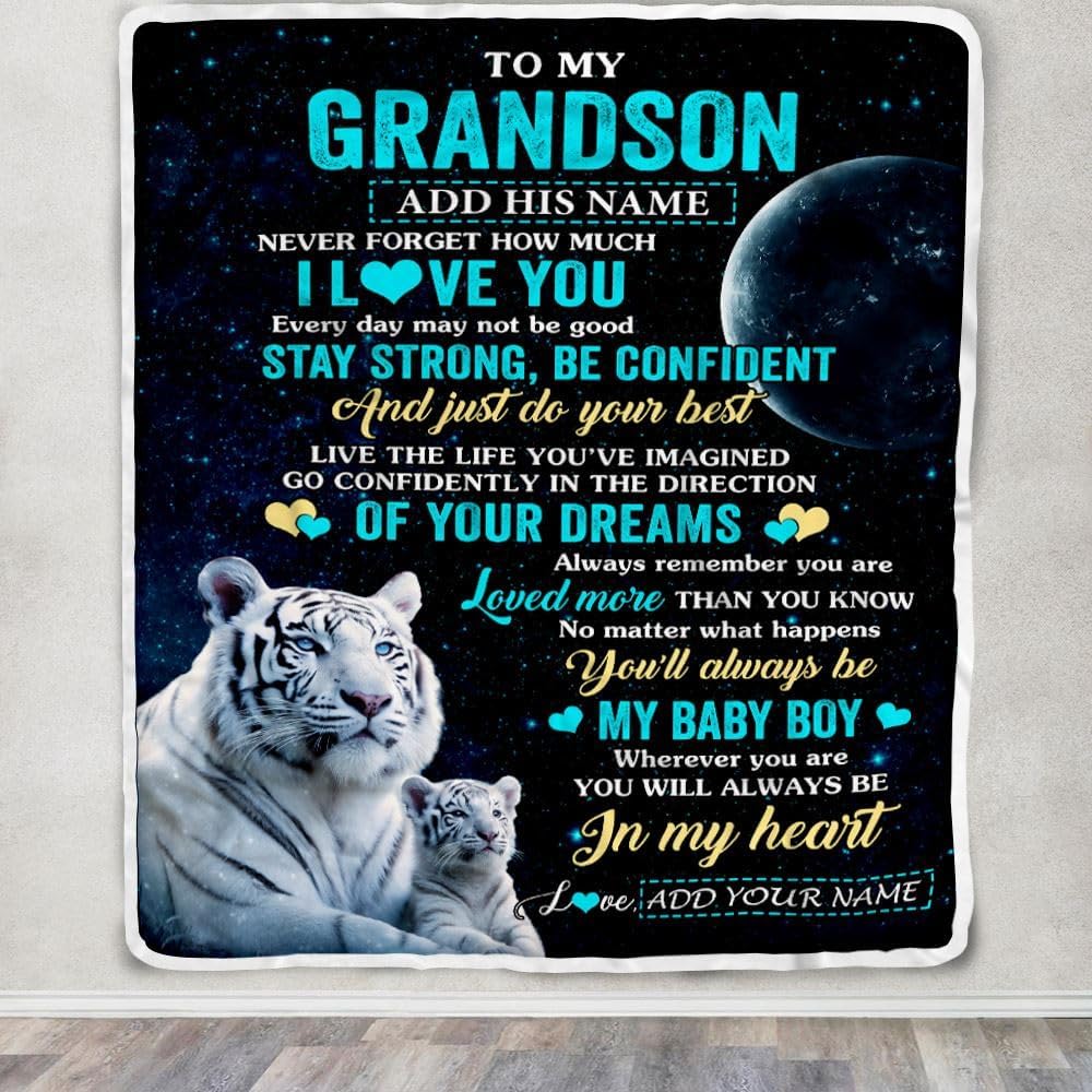 Personalized to My Grandson Gifts from Grandma Papa Blanket White Tiger Never Forget How Much I Love You Grandson Birthday Graduation Christmas Fleece Blanket (30 x 40 in Baby Size)