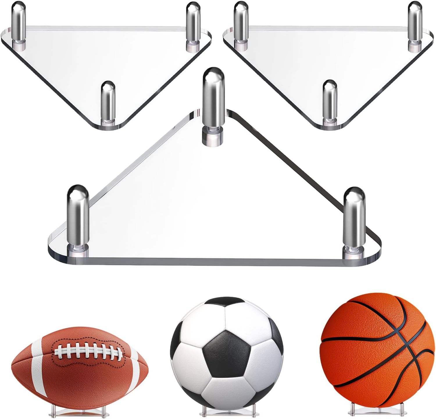 Tiiyee 3-Pack Acrylic Basketball Stand, Clear Football Holder with Stainless Steel Rods, Soccer Ball Display Stand Volleyball Holder for Autograph Memorabilia, Basketball Stand Display Decor & Gifts