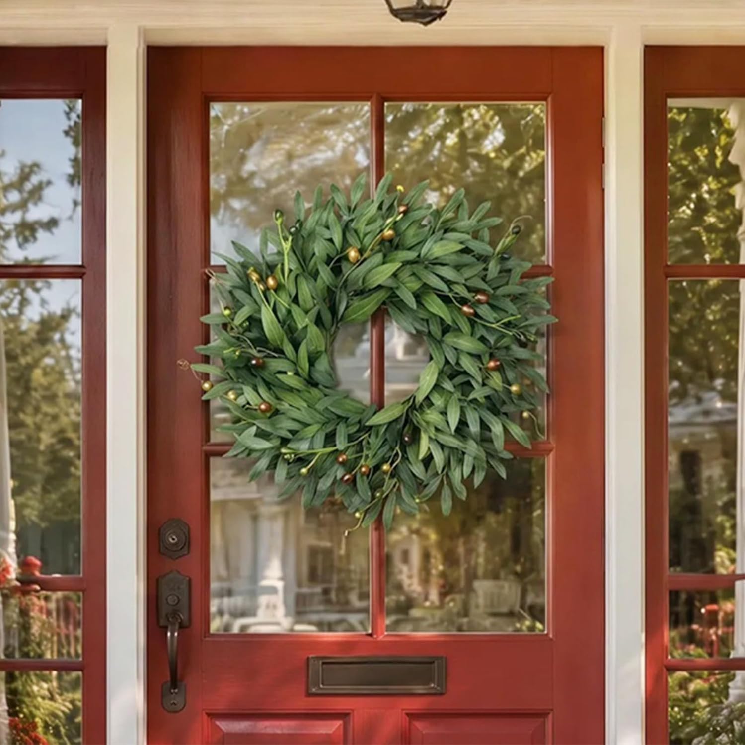 21Inch Olive Wreath for Front Door, Artificial Olive Leaf Wreath with Olive Berries, Handmade Realistic Greenery Wreath for All Seasons