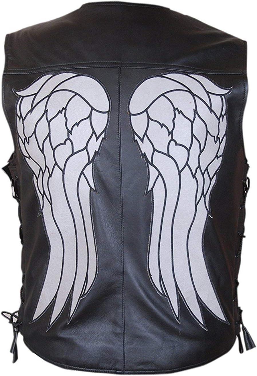 Men's Daryl Dixon Black Leather Vest with Angel Wings Back - Sleeveless Biker Motorcycle Vest