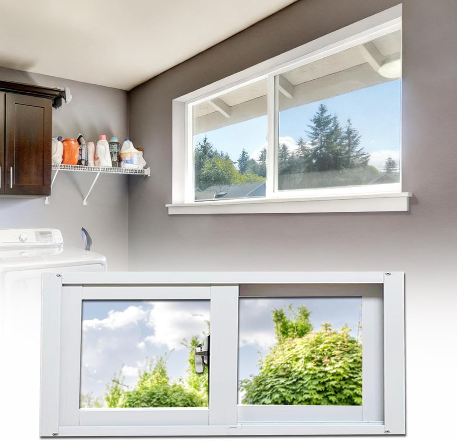 White Basement Window, 35.43x15.74in Aluminum Alloy Sliding Window, Home Windows Replacment, Mobile Home House Window for Ventilating