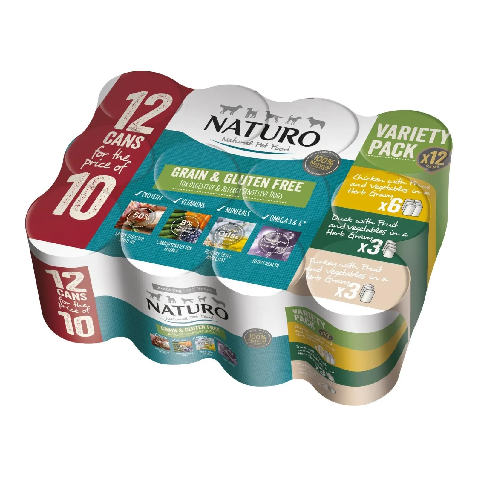 Naturo Adult Grain & Gluten Free Poultry Variety Wet Dog Food Cans(6x Chicken 3xDuck 3XTurky) - 12 x 390g