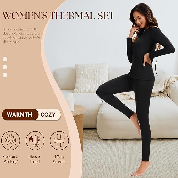 AMZSPORT ThermoWear Dames Thermisch Ondergoed Set - Winter Ski-ondergoed met Fleece Binnenkant, Ademende Lange Mouwen Top & Zachte Leggings voor Vrouwen Zwart L AMZSPORT ThermoWear Dames Thermisch Ondergoed Set - Winter Ski-ondergoed met Fleece Binnenkant, Ademende Lange Mouwen Top & Zachte Leggings voor Vrouwen Zwart L