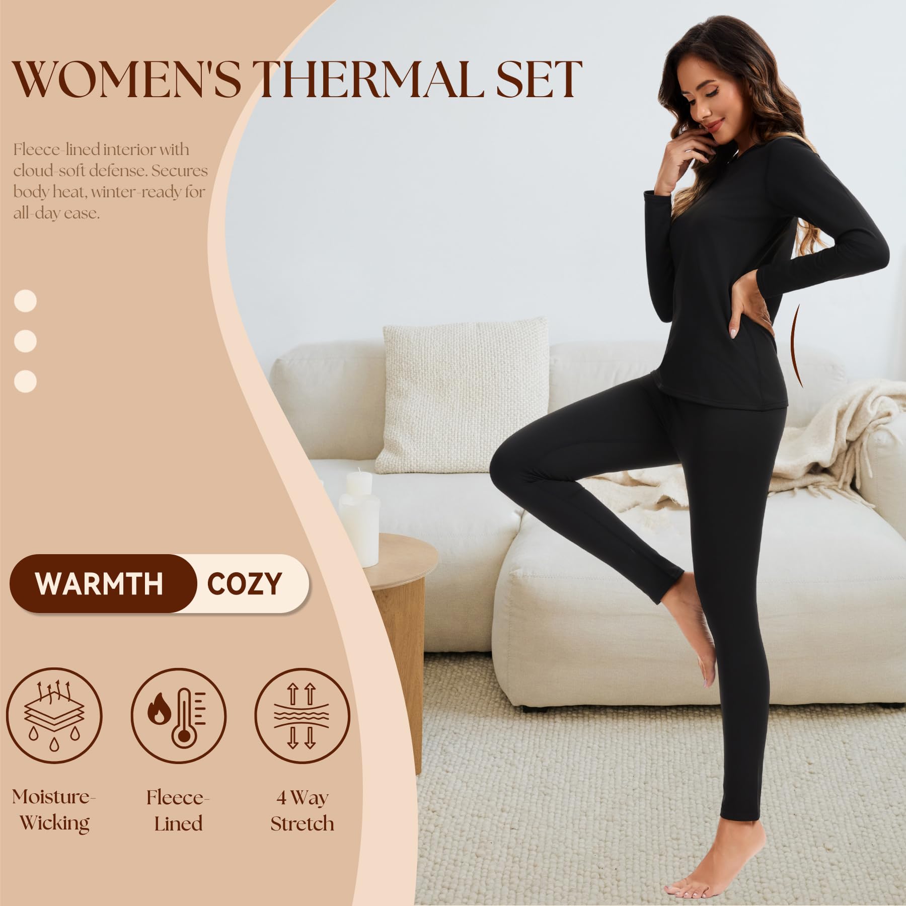 AMZSPORT Set de sous-vêtements Thermiques pour Femme - Combinaison Hiver Respirante avec Doublure Polaire, Haut Manches Longues & Leggings Doux pour Ski et Activités Extérieures