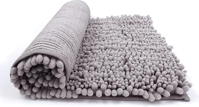 Soft Plush Bath Mat Non-Slip Absorbent Chenille Bathroom Shower Rugs Microfiber Shag Bathroom Carpet Shower Rug Living Room Bedroom Blanket 30" x 20" Grey