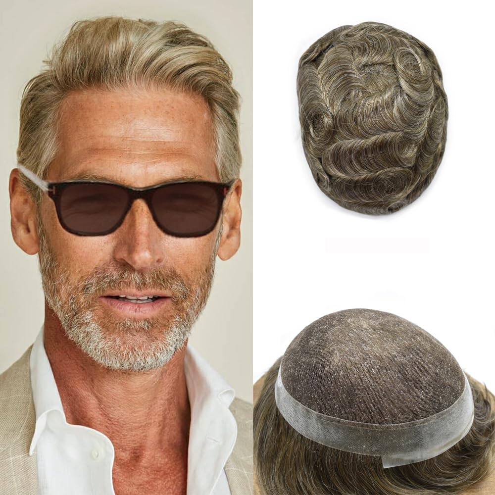 Swiss Lace Toupee - Men's Hair Piece, Human Hair System - Medium, Light Density #740 - Very Light Brown + 40% Grey
