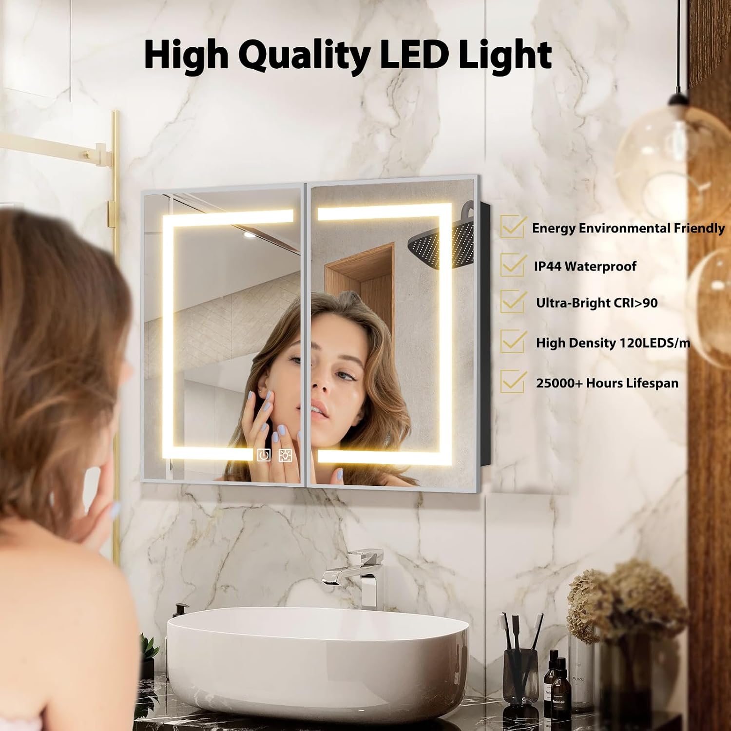 ROOMTEC Lighted Medicine Cabinet with Mirror 40"x32", Wall Mounted Bathroom Mirror with Storage, 2 Doors Bathroom Wall Cabinet with LED Lights,Silver