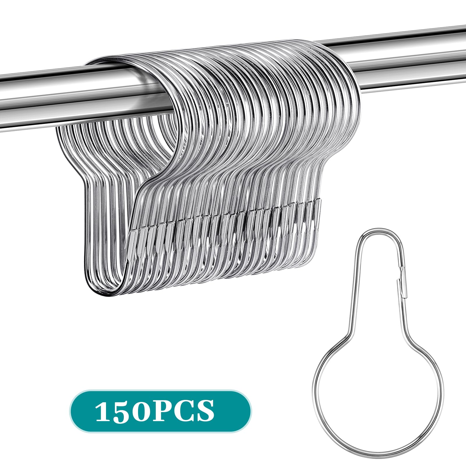 Geetery 150 ganci in metallo per tenda da doccia, antiruggine, riutilizzabili, multiuso, in acciaio inox, anelli per tenda da doccia, per bagno, camera da letto, cucina (argento)