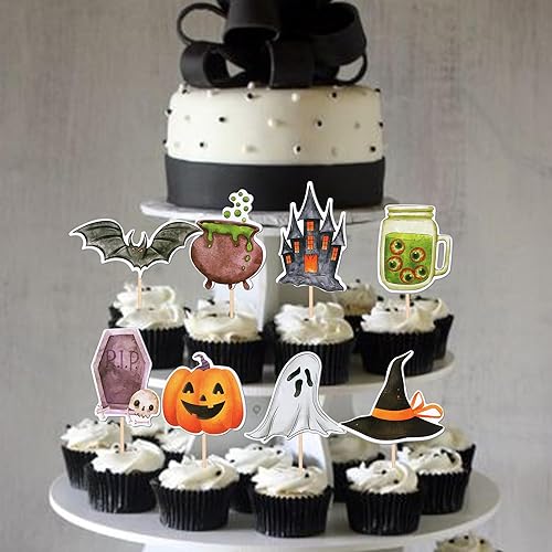 Miniatura 4 de 40 piezas de decoración de Halloween para cupcakes de doble cara, sombrero de bruja espeluznante fantasma, palillos de magdalenas, castillo de