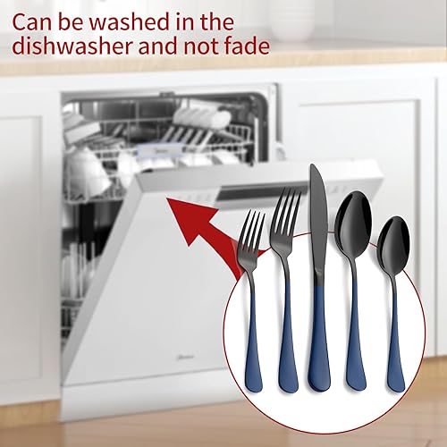Miniatura 5 de Juego de 20 cubiertos negros de acero inoxidable 180, juego de cubiertos con mango azul zafiro, apto para 4 personas, cuchillos de cena, tenedores,