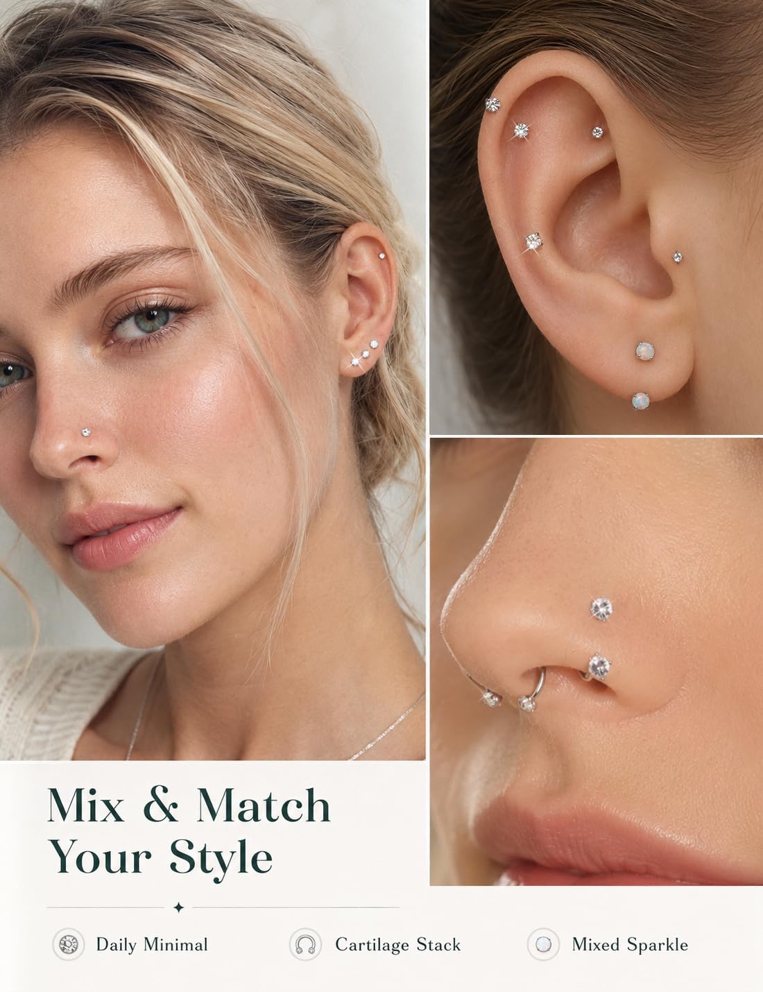 18G Horseshoe Nose Ring & Threadless Nose Stud Set with Piercing Taper Tool – 316L Surgical Steel Hypoallergenic Nostril Septum Tragus Cartilage Labret Piercing Jewelry for Women Men Silver