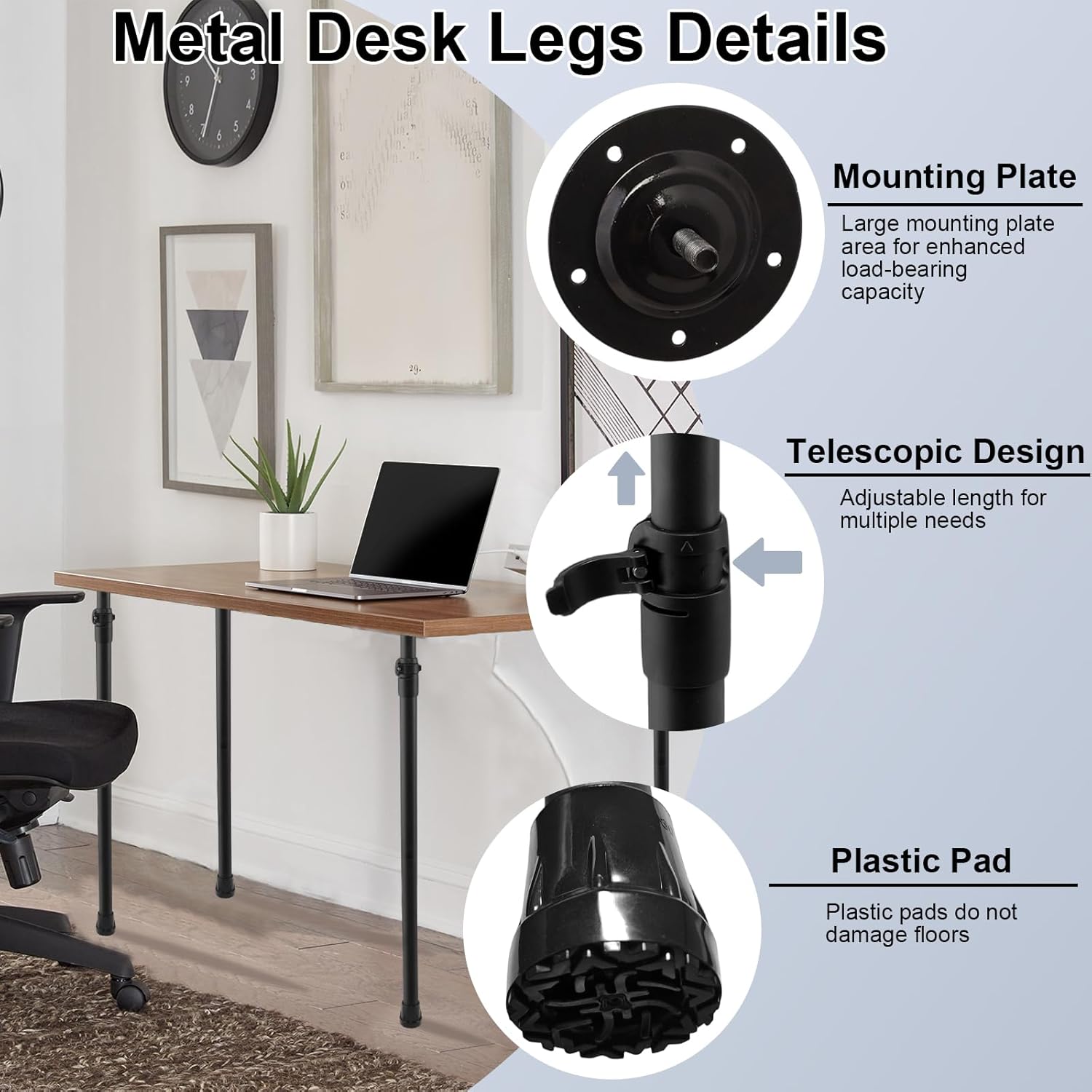 Adjustable Metal Table Leg, 31" to 43.5" Telescopic Table Legs Adjustable Furniture Legs Set of 4 for Home Office DIY Desk Legs Steel Metal Material Black