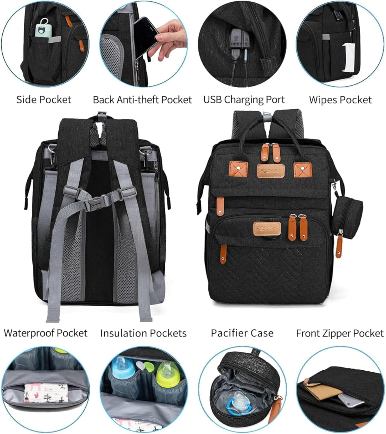 Baby Diaper Bag with Changing Station, Waterproof Diaper Bag Backpack for Mom/Dad, Baby Shower Gifts, w/USB Charging Port, Insulated Bottle Holders & Pacifier Case, XL Storage Backpack, Black