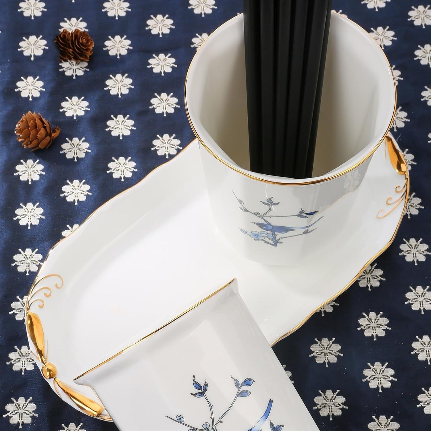 Kitchen Utensil Holder 2-Pieces Ceramic Silverware Holder, Chinese Ink Wash Style Utensil Holder Organizer, Kitchen Flatware Holder Cutlery Drain Rack for Countertop Cooking Utensil Holder