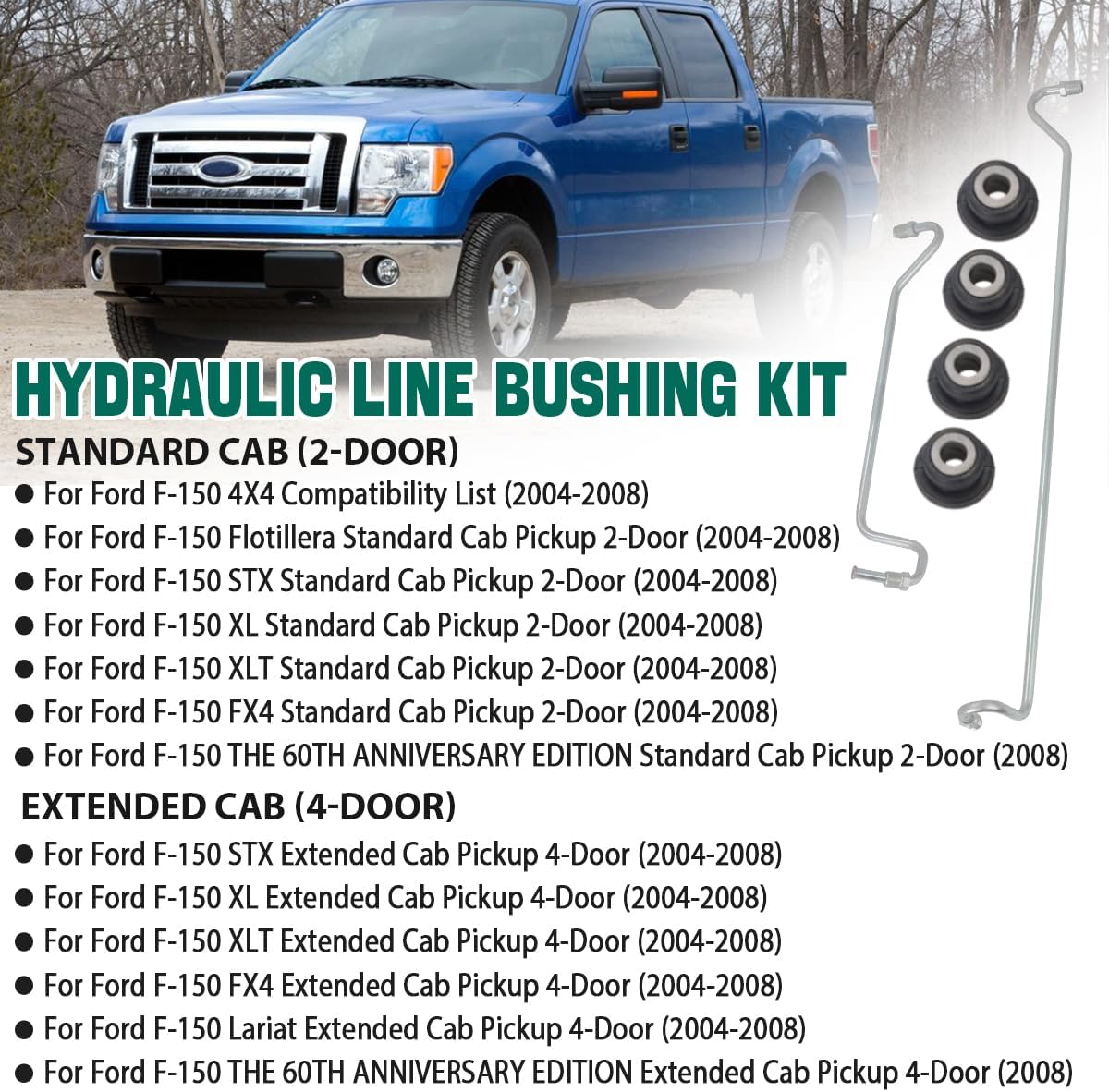 Rack and Pinion Transfer Line Kit for Ford F150 4x4 2004-08 4.2L 4.6L 5.4L | Power Steering Hard Hydraulic Line Set with 4 Bushings, Fixes Leaks Loose Steering Rack Movement (4x4 Only, No RWD variants)