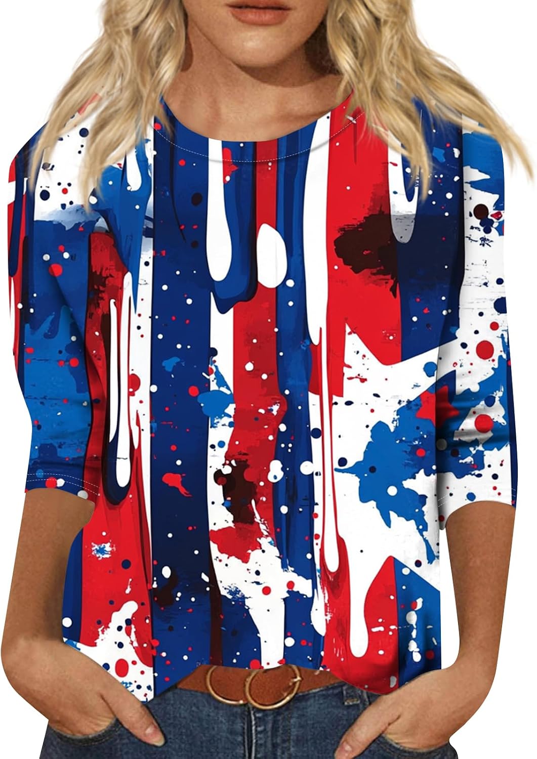 Women's 250 Years America Shirt, 3/4 Sleeve Crewneck Patriotic T-Shirts, 4Th of July Tops