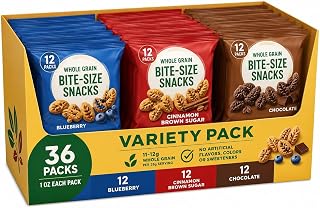 Whole Grain Bite-Size Breakfast Biscuit Variety Pack, 36 Individual Snack Packs, Blueberry, Cinnamon Brown Sugar & Chocolate Flavors, Convinient Snack Box.