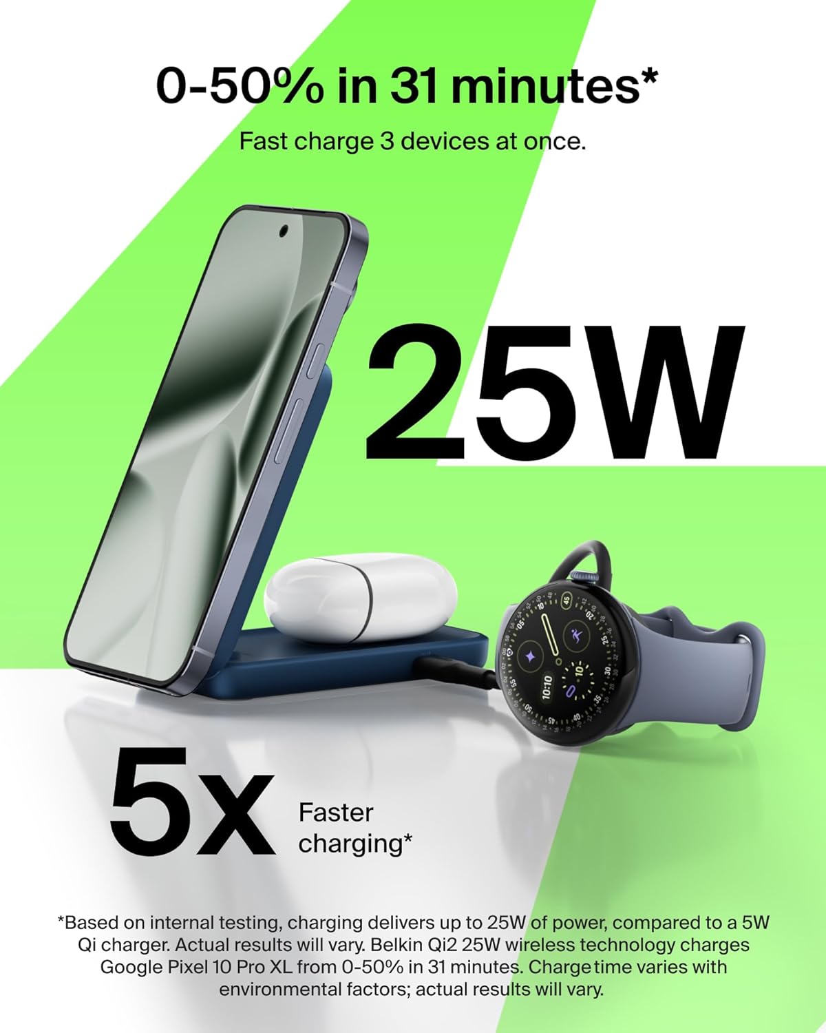 Belkin MagSafe Charger, Compatible 2-in-1 Charging Station, Qi2.2 25W Magnetic Wireless Charger iPhone, Foldable Stand, with 5W USB-C Port, for iPhone 17/16/15, Pixel 10, AirPods, 45W Adapter Included