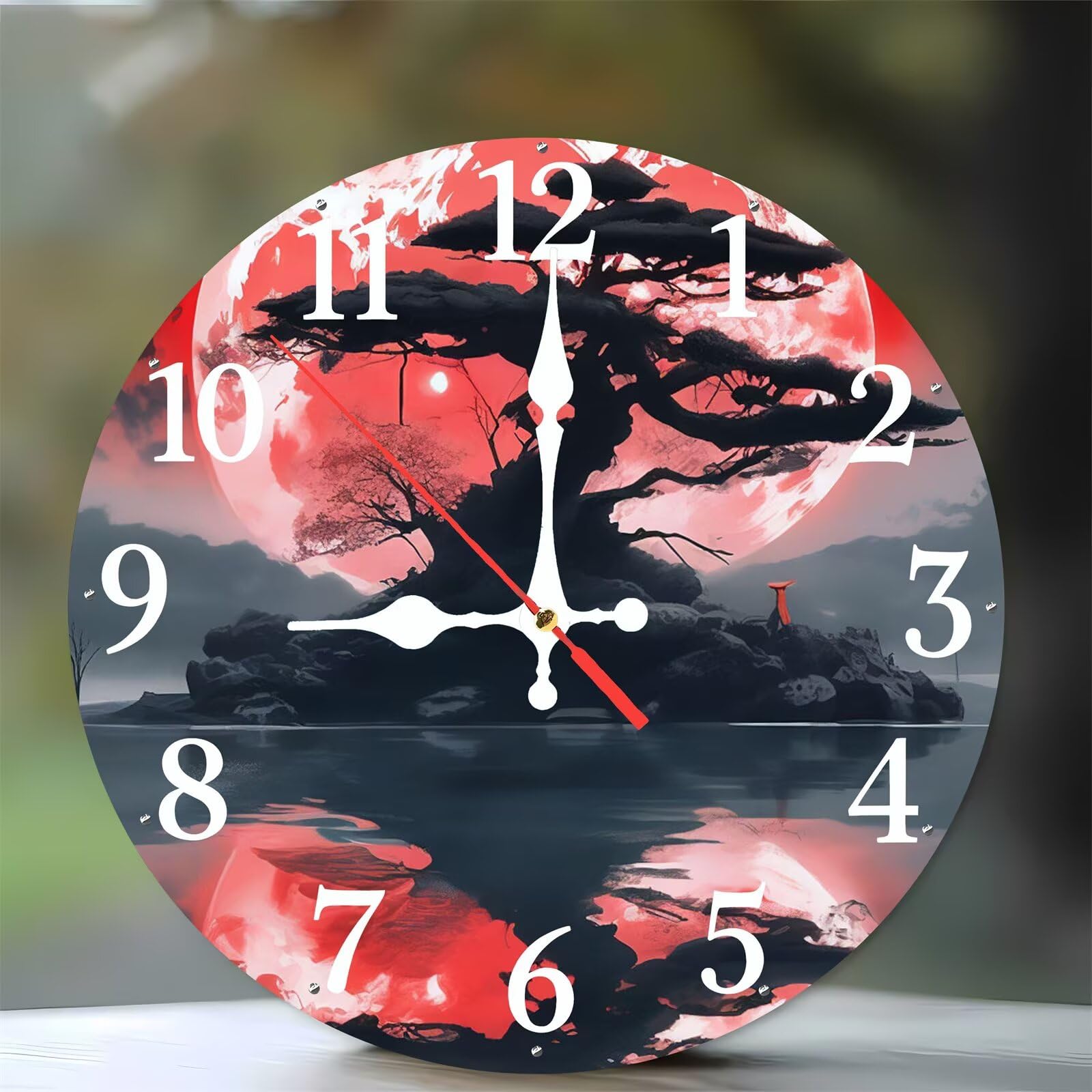 Horloge Murale Cuisine et Salon 35 cm Moderne en Bois Lune Rouge Silencieuse