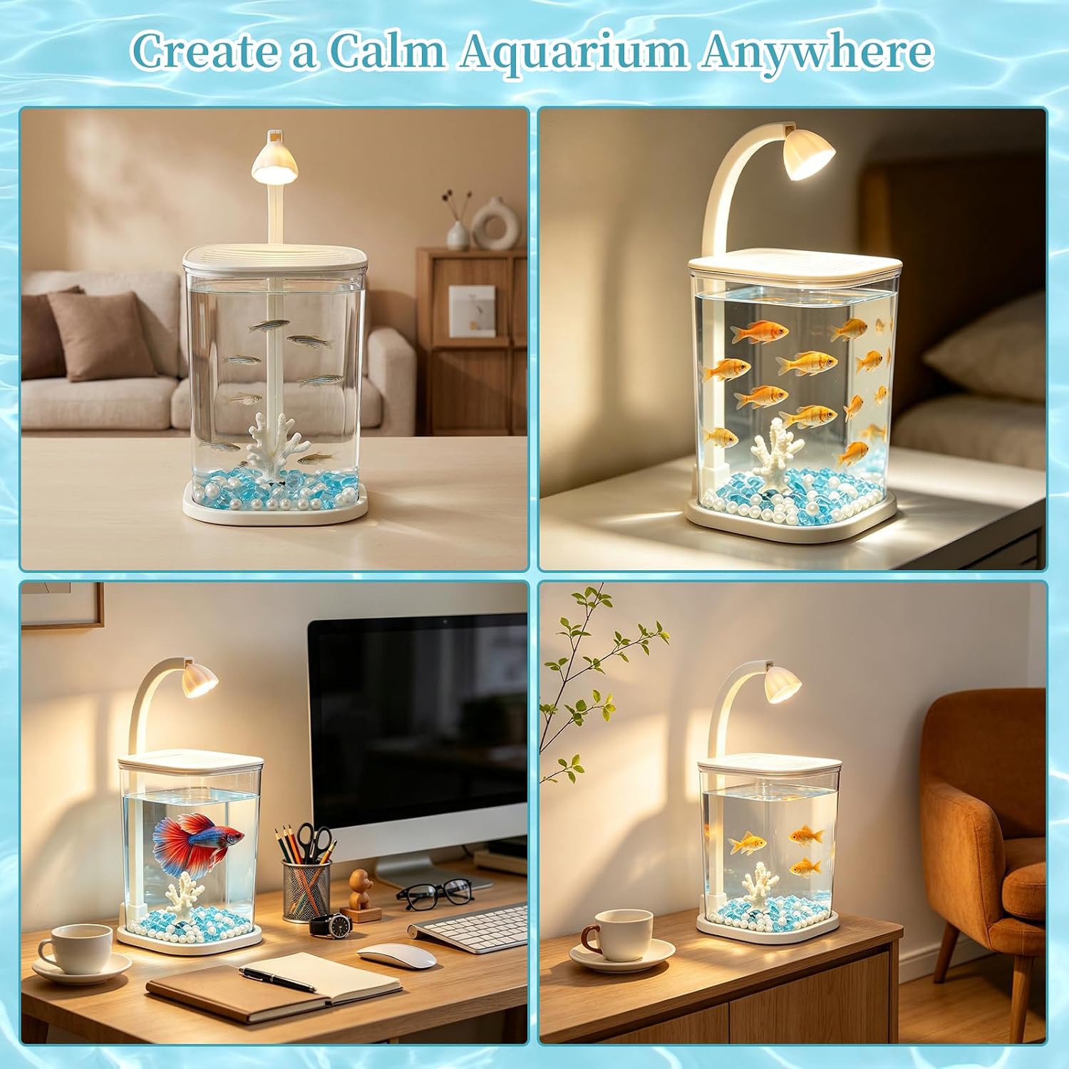 Desktop Small Fish Tank with LED Light for Betta Guppy Goldfish | Clear Acrylic Aquarium Kit with Artificial Coral, Pearls & Diamond Decor, Starter Kit Small Space Easy Setup Space-Saving