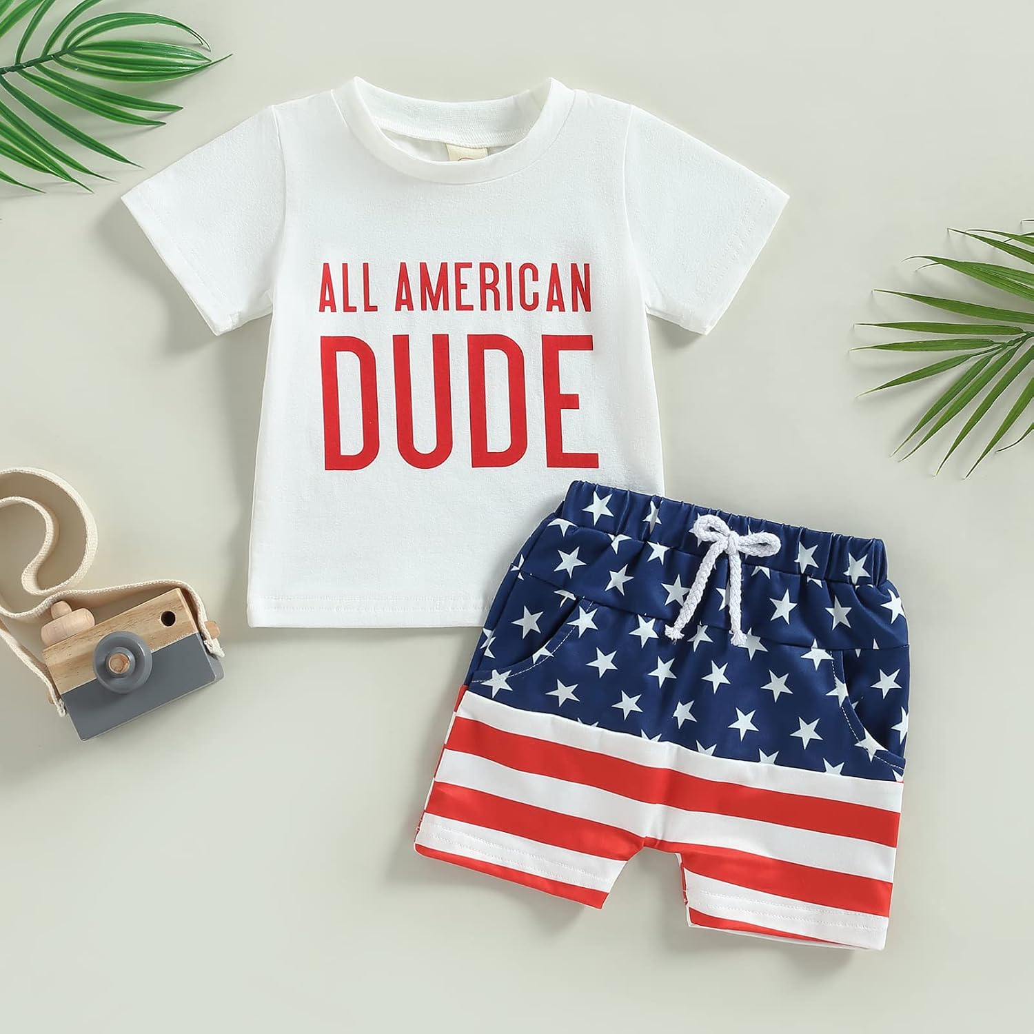 Toddler Baby Boy 4th of July Outfit Letter Print Tops and Elastic Shorts Boy Fourth of July Clothes Set