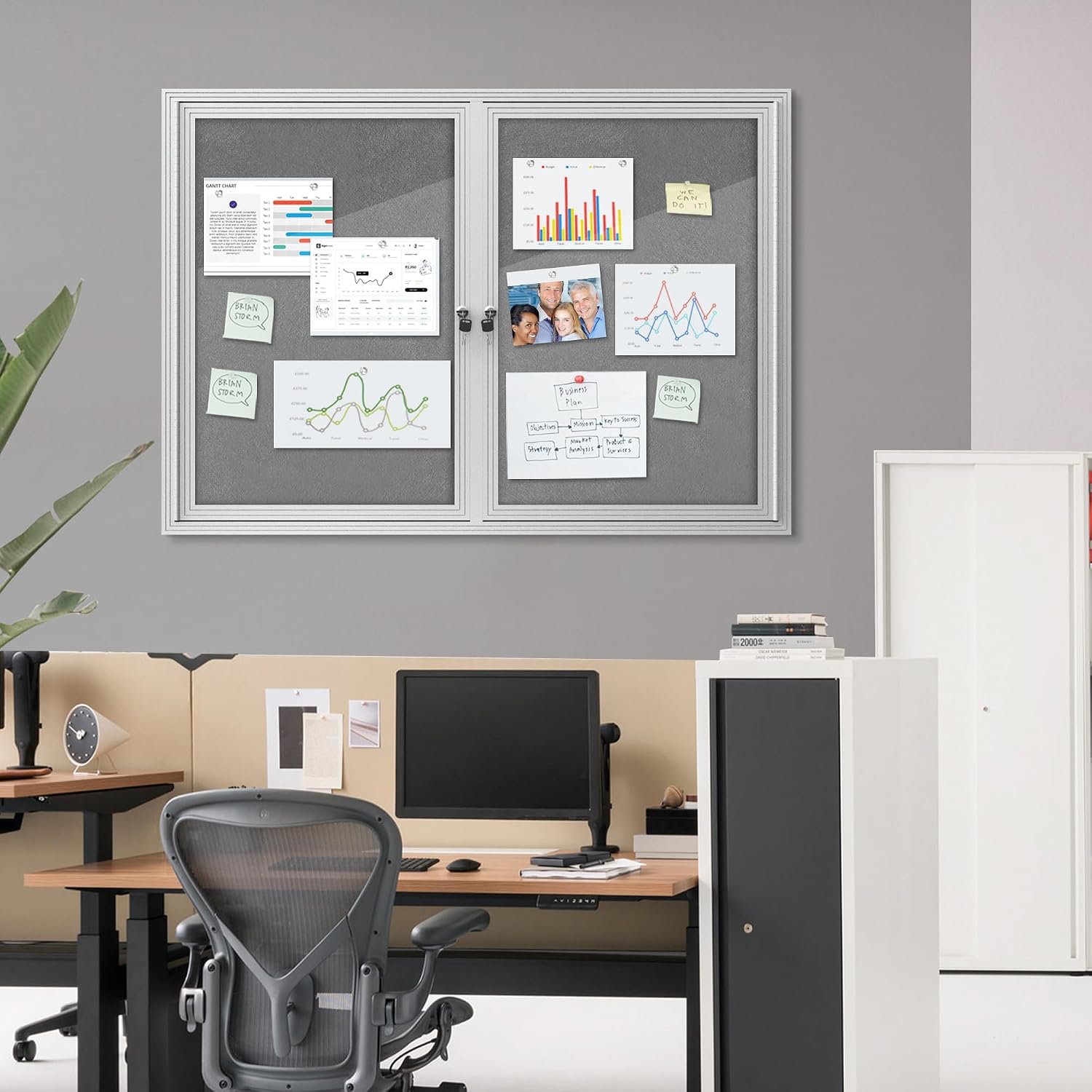 Mifuro 48"x34" Enclosed Bulletin Board, Outdoor Lockable Weather-Resistant Aluminum Cork Noticeboard for School & Office, Silver Frame w/Grey Flet