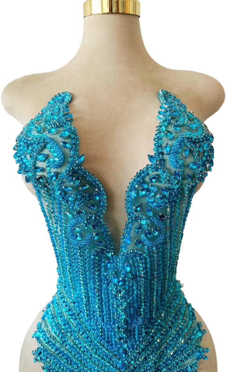 Handsewing Beads Sequins Rhinestones Large lace Applique Handmade shin Crystal Trim Patches Accessories for Dress Clothes (Sky Blue)