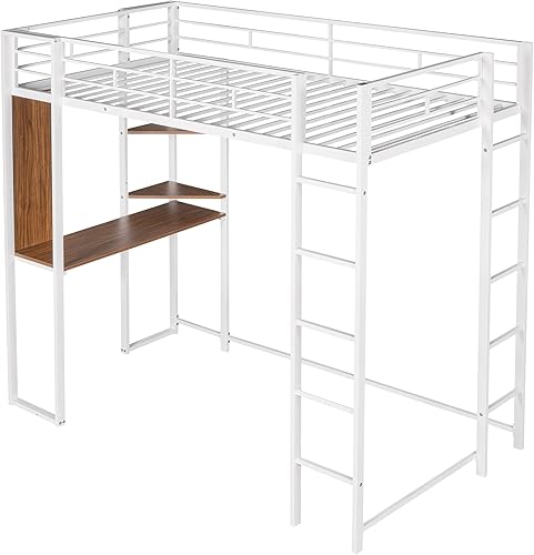 Miniatura 5 de Cama tipo loft de metal tamaño individual con escritorio y estantes marco de litera individual con 2 escaleras y barandilla de longitud completa