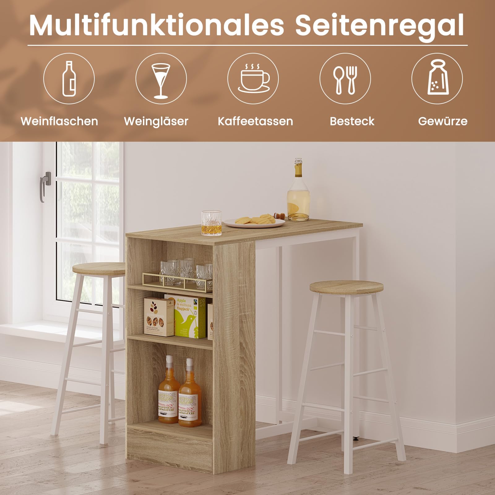 WOLTU Bartisch 90 x 50 x 90 cm, Stehtisch mit 3 Ablagen, Bistrotisch Bartheke aus Metall & Holz, Küchentheke Tresentisch für Bar Küchen Wohnzimmer, Helle Eiche+Weiß