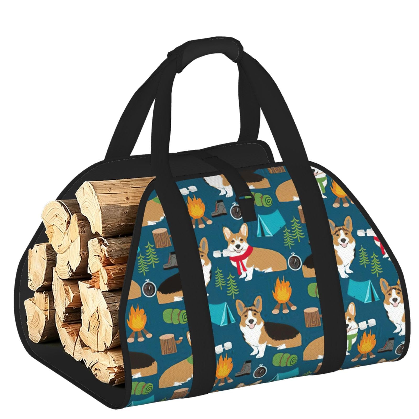 Corgi Printed Firewood Carrier Bag, Log Tote with Open-Ended Design for Camping Outdoor Wood Hauling