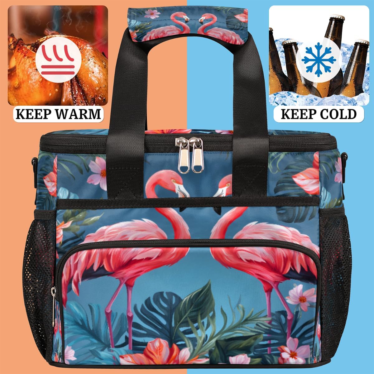 Flamingo Palm Leaf Insulated Picnic Backpack Lunch Box for Women Men Picnic Basket Tote Lunch Bag Picnic Bag Portable Lunch Bags for Picnic, Beach, Work, Trip,Office, Camp Flamingo