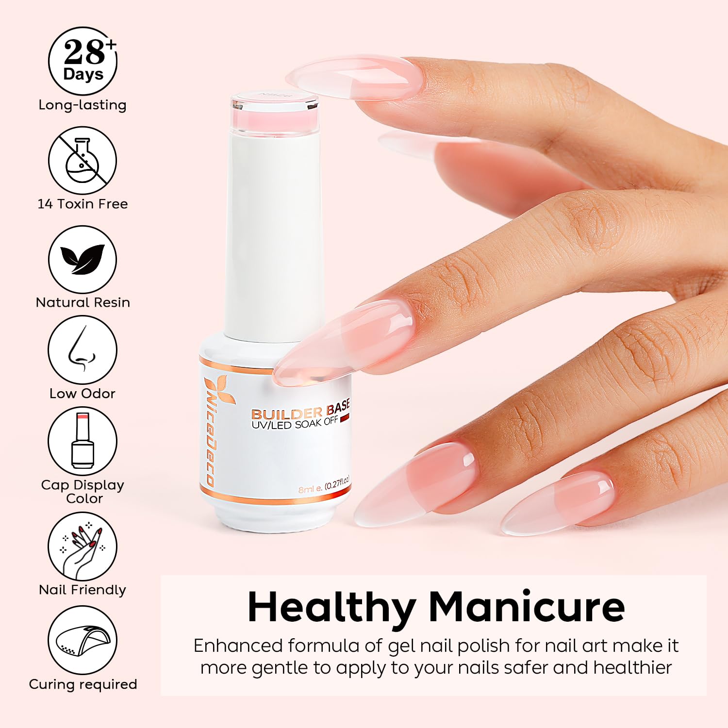 Nicedeco 2pcs 15ml Gel Construction Ongle UV 8 en 1, Gel Builder Base de Renforcement, Réparation et Extensions, Vernis à Ongles Forts, Base Coat, Le Nail Art Décoration Rose Nu