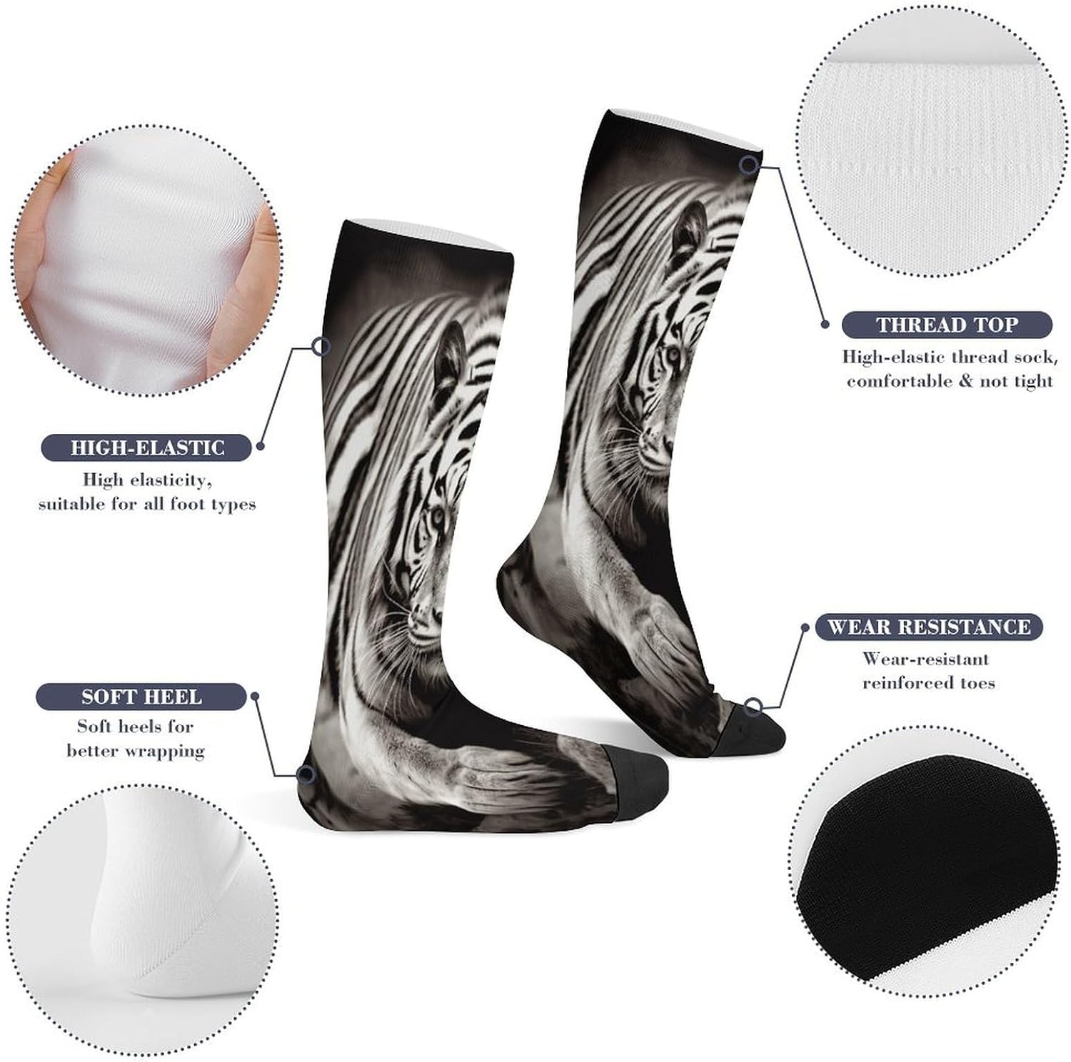 Black And White Tiger Compression Sock Circulation Support Socks Lightweight Knee High Tube Sock Over-The-Calf Sock for Adult