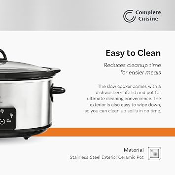 Complete Cuisine CC-6200-SS-PG 6-Quart Programmable Slow Cooker, Oval Stainless-Steel Slow Cooker with Glass Pot-Cooker Lid