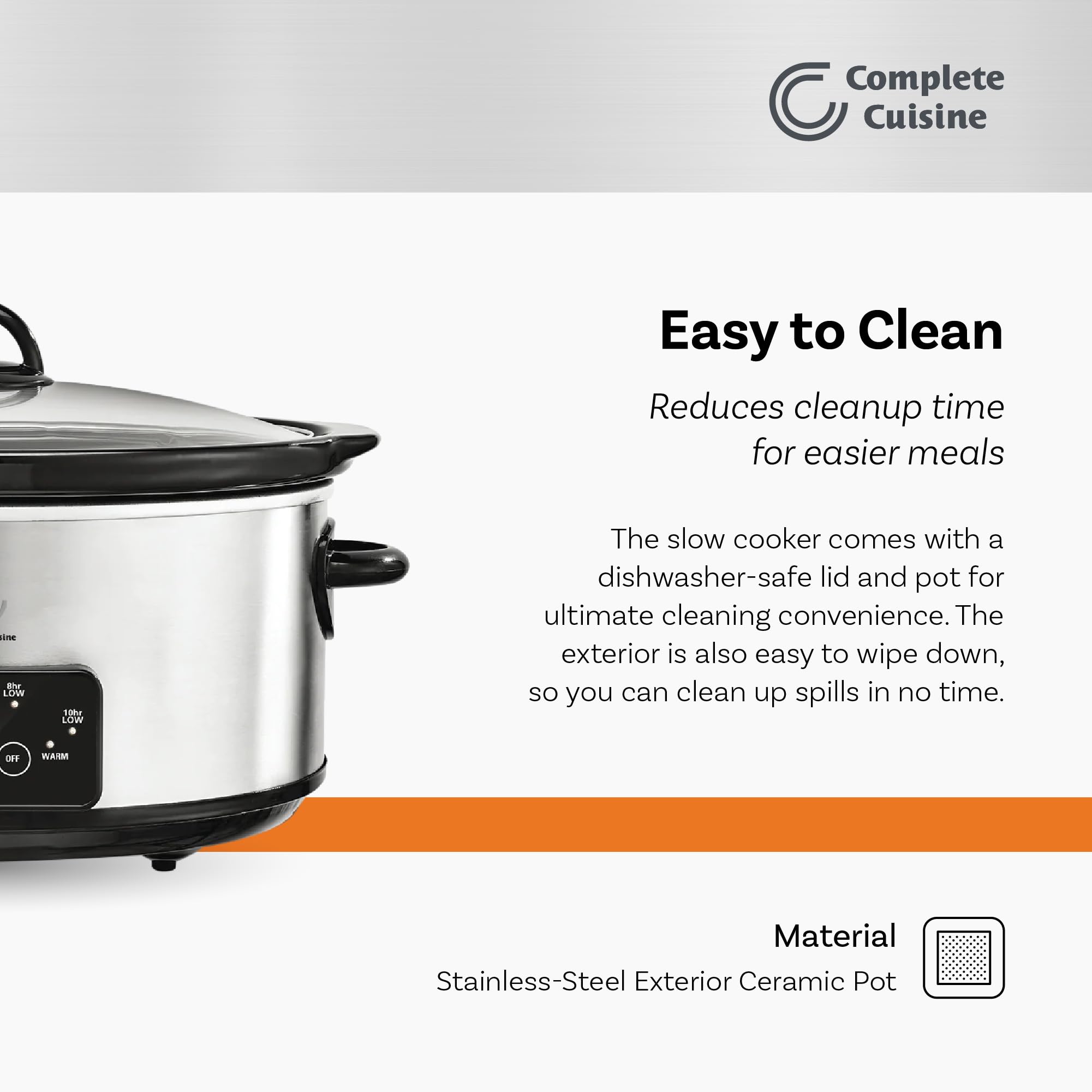 Complete Cuisine CC-6200-SS-PG - Olla de cocción lenta programable de 6 cuartos de galón, olla de cocción lenta ovalada de acero inoxidable con tapa de vidrio