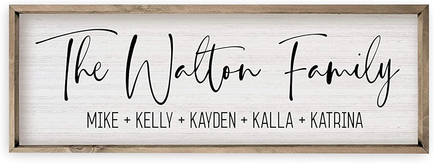 Personalized Framed Family Name Sign (6"x 18", Weathered Grey Frame, White Background)