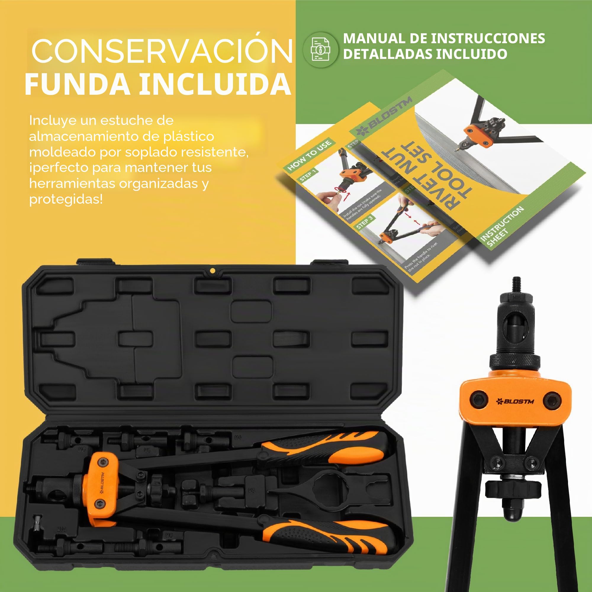 BLOSTM Juego de remachadora de 14 pulgadas – Kit de herramientas de remache con 150 tuercas de remache y 6 mandriles métricos (M3, M4, M5, M6, M8, M10), juego de herramientas de tuerca de remache