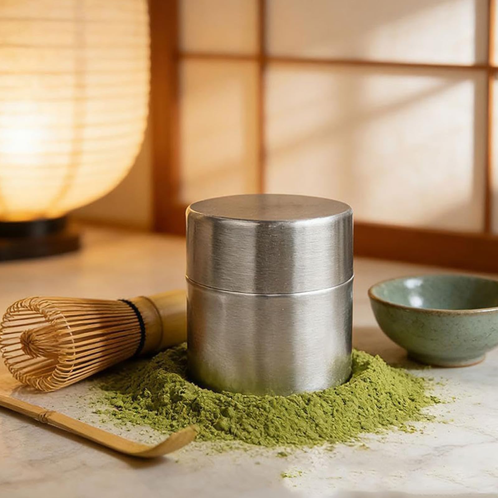 Generic Matcha Powder Sifter and Storage Tin Set Stainless Steel 300ml Matcha Shaker Canister with Fine Mesh