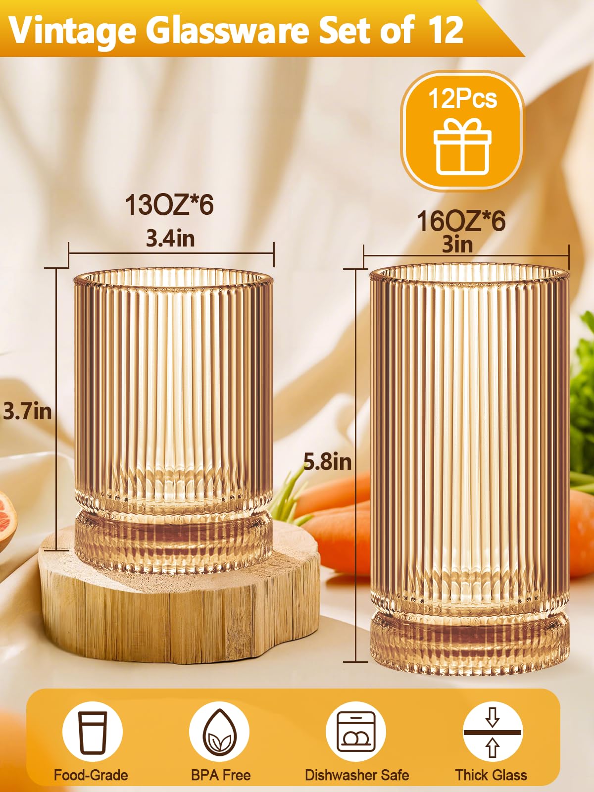MyGift Set Of 4 Gold Tint Fluted Highball Glasses - 12 Oz, 6" Tall Ribbed Tumblers For Cocktails, Iced Coffee, Or Water