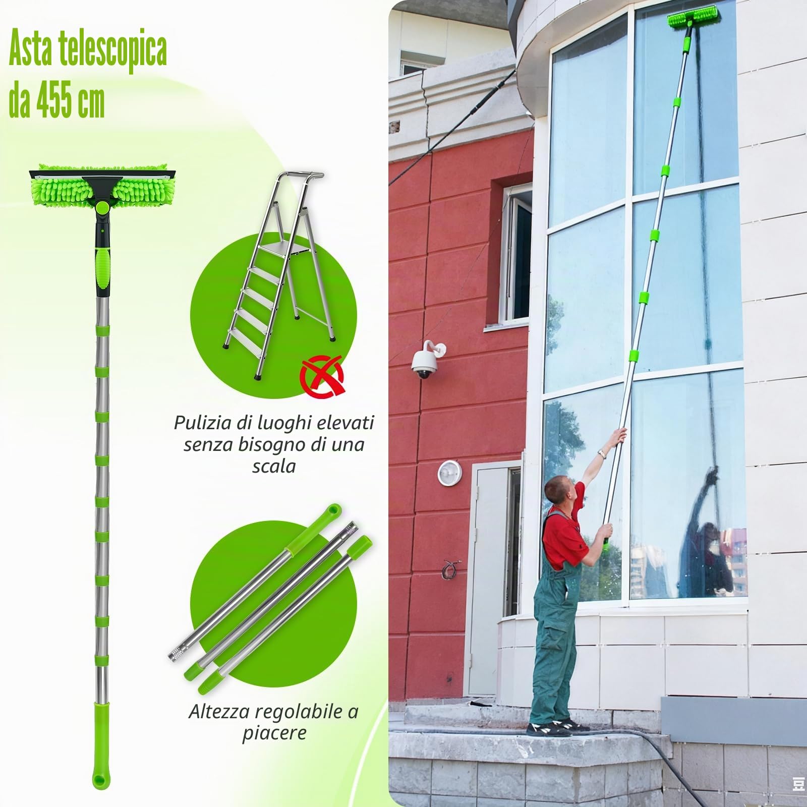 4,5 m tergicristallo e piumino antipolvere con ampia portata | set 2 in 1 estraibile con spugna in microfibra set professionale per la pulizia di vetri per interni ed esterni per finestre