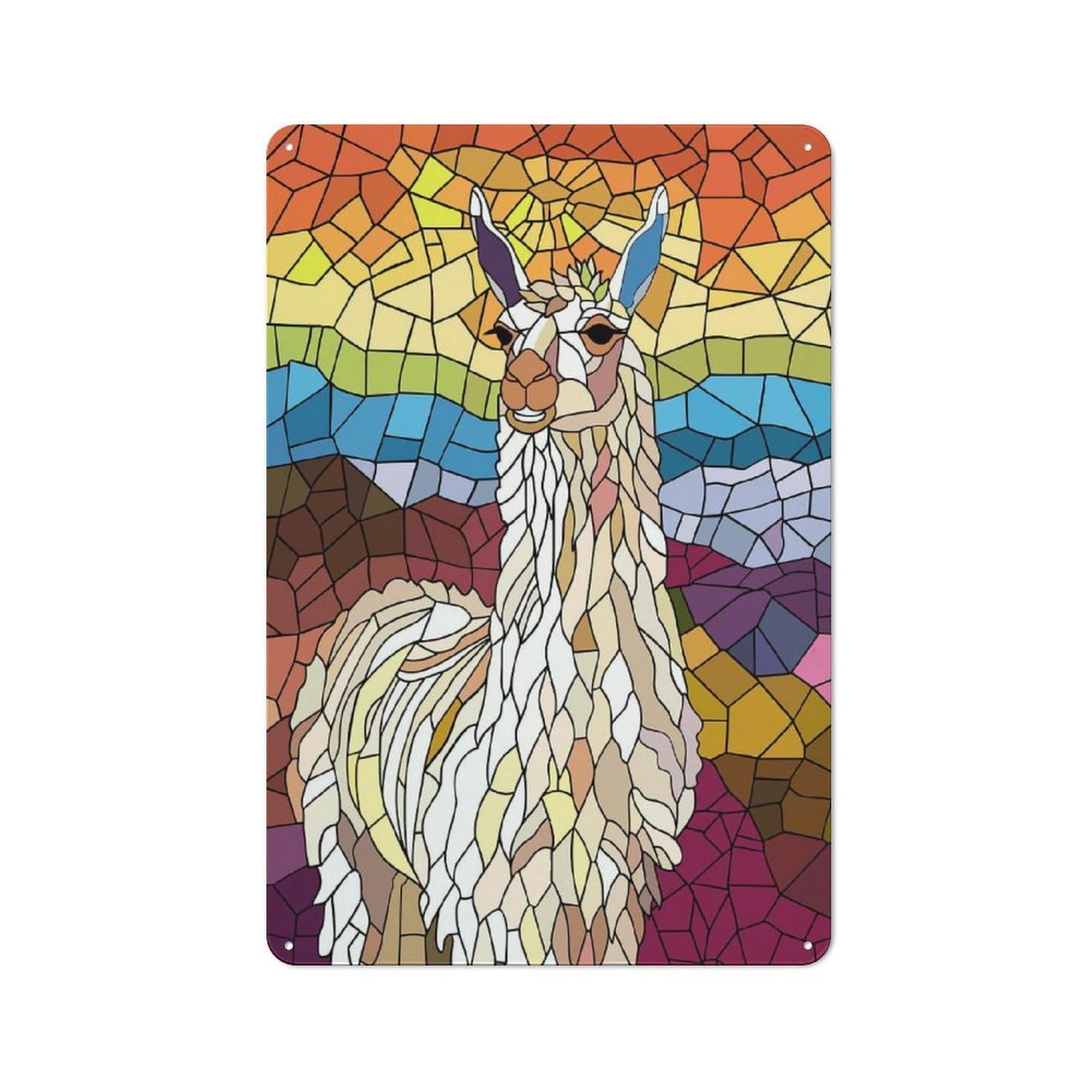 Junmoney Style-16 Tin Sign 30X20cm With Stained Glass Llama Portrait For Garage Wall, Retro-Style Decor, For Room Styling Across Garages And Workshops