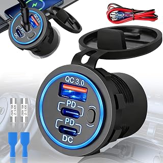 USB 12V Socket, Dual PD3.0 USB-C and Quick Charge 3.0 Car USB Port with Switch, 12V USB C Waterproof Cigarette Lighter Plug for Marine Ships RV Truck