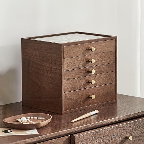 Joyero de madera de nogal negro para mujer, cajón grande de 5 capas, caja organizadora de madera con tapa de vidrio para collares, relojes,