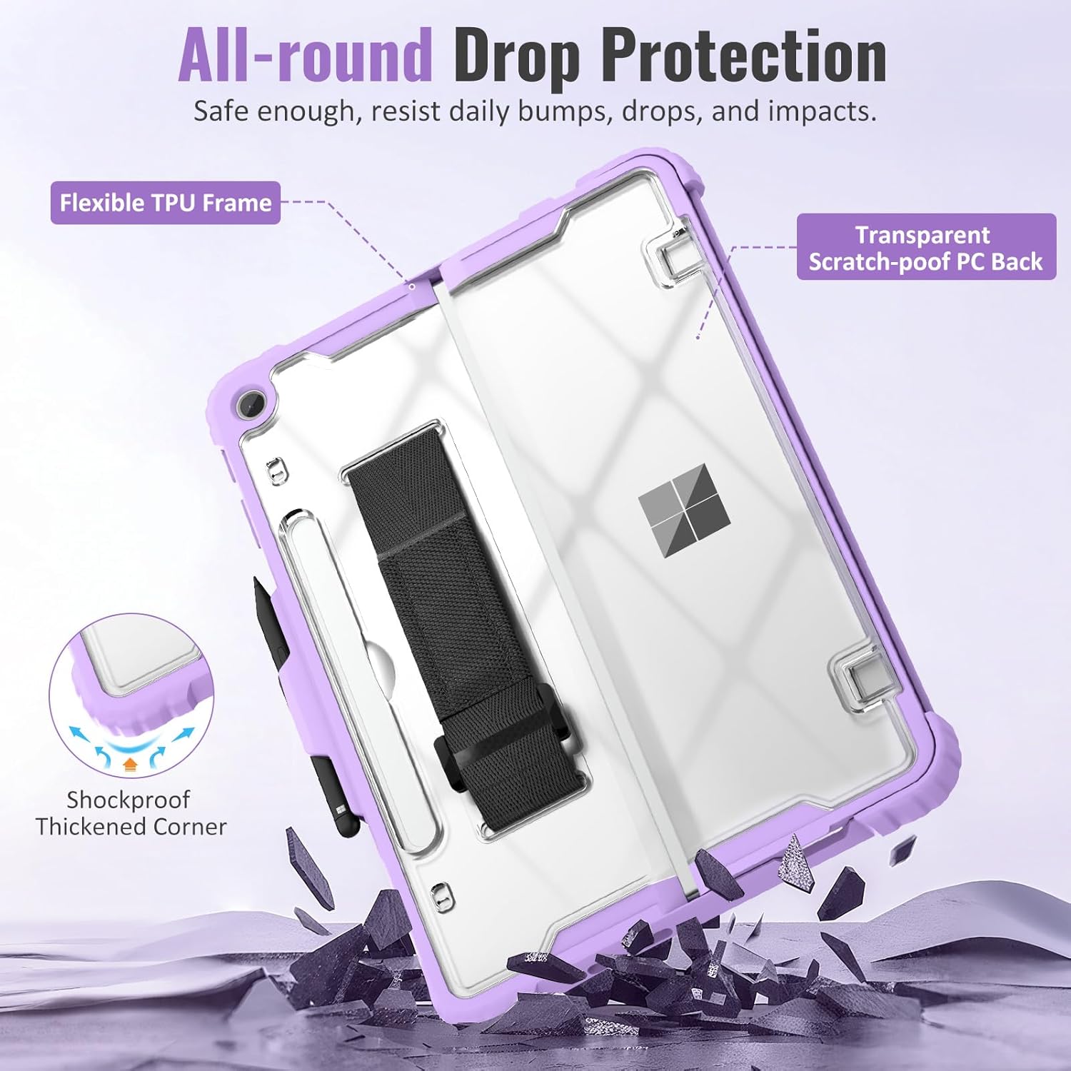 TiMOVO Case for Microsoft Surface Pro 12 Inch 2025 with Pen Holder, Rugged Clear Back Protective Cover with Removable Hand Strap, Compatible with Type Cover Keyboard, Violet