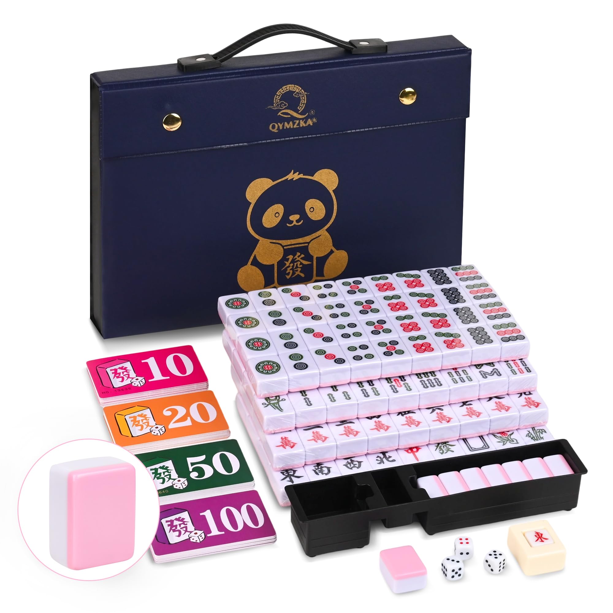 Chinese 1.25"(32MM) Small Pink Mahjong Set with Blue Vinyl Case -152 Melamine Tiles (144 + 8 Blank), Including Dice, Wind indicator,Chips & Mahjong Mat (Majiang)-Collector's Edition for Game Night