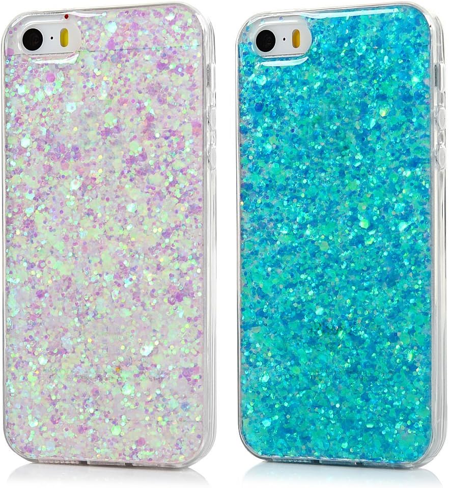 iPhone 5s Case, iPhone SE Cover [2 Packs], Bling Glitter Soft Gel Clear TPU Shell, Luxury Shinny Sparkle Transparent Silicone Case Back Cover for iPhone 5s/5/SE, Blu + Pale Purple